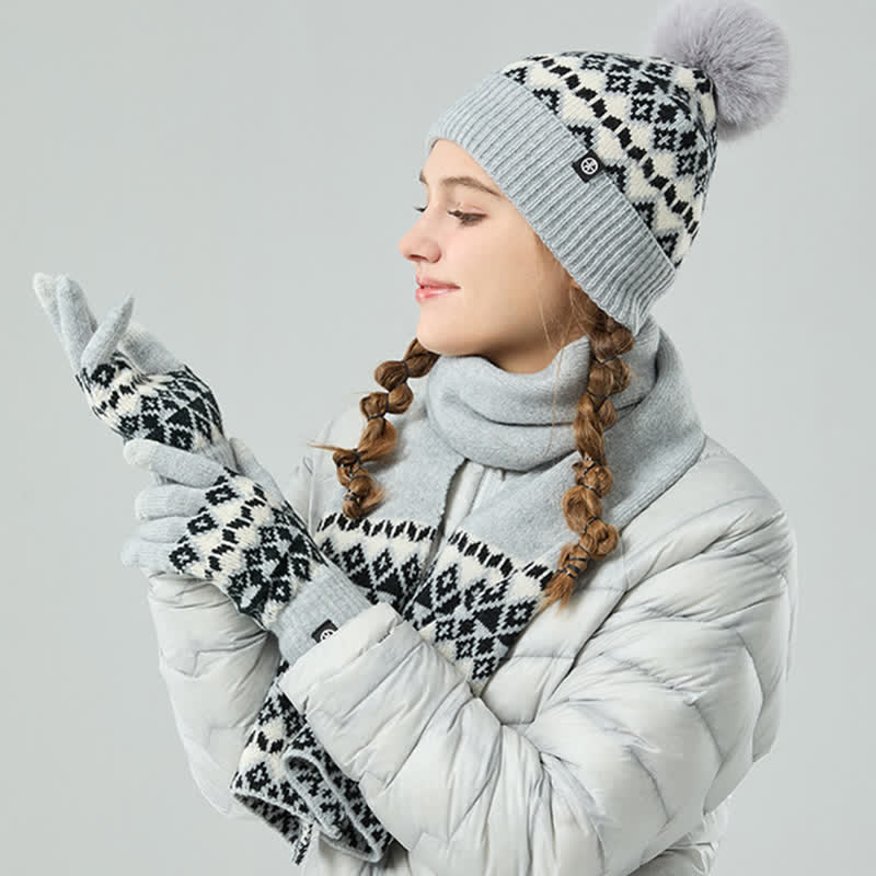 3Pcs Unisex Comfort Diamond Pattern Knitted Hat Scarf Gloves Set - image 3