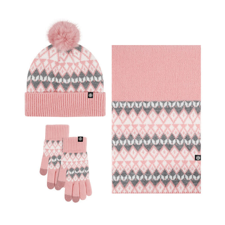 3Pcs Unisex Comfort Diamond Pattern Knitted Hat Scarf Gloves Set - Pink - Adjustable (21 1/4"-22 7/8") - image 8