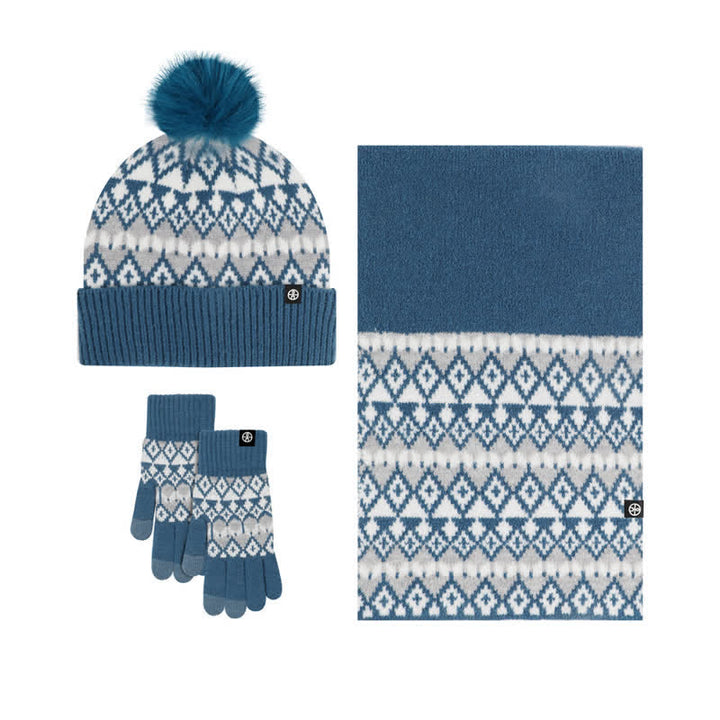 3Pcs Unisex Comfort Diamond Pattern Knitted Hat Scarf Gloves Set - SteelBlue - Adjustable (21 1/4"-22 7/8") - image 16