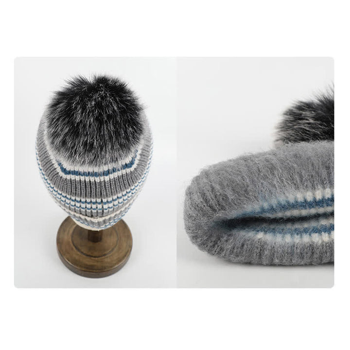 3Pcs Unisex Striped Pattern Fur Ball Knitted Hat Scarf Gloves Set - image 7