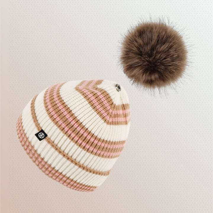 3Pcs Unisex Striped Pattern Fur Ball Knitted Hat Scarf Gloves Set - image 15