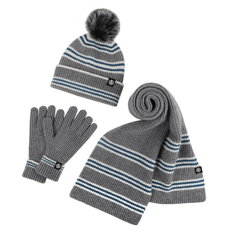 3Pcs Unisex Striped Pattern Fur Ball Knitted Hat Scarf Gloves Set - image 6