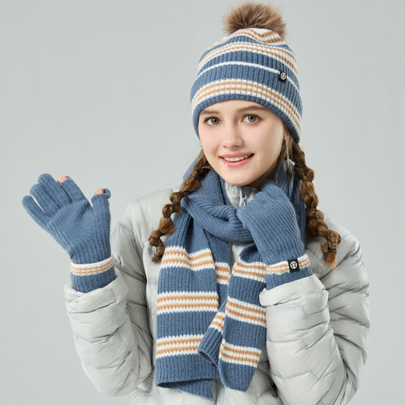 3Pcs Unisex Striped Pattern Fur Ball Knitted Hat Scarf Gloves Set - image 1