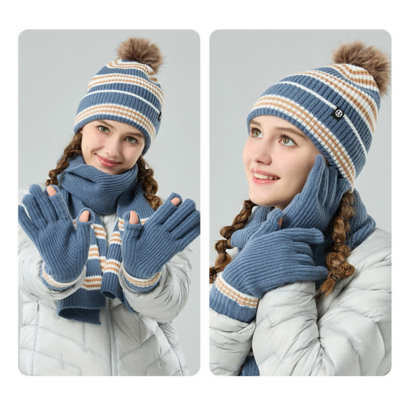 3Pcs Unisex Striped Pattern Fur Ball Knitted Hat Scarf Gloves Set - image 2