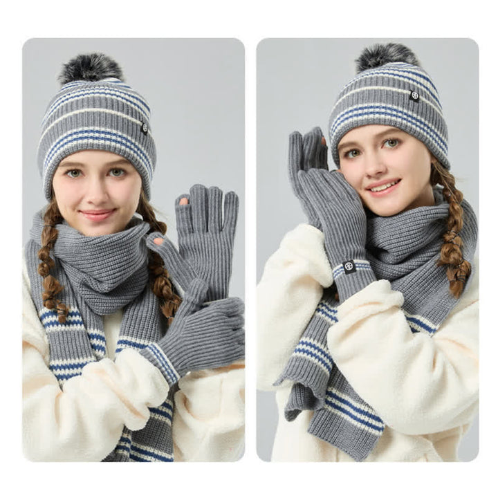 3Pcs Unisex Striped Pattern Fur Ball Knitted Hat Scarf Gloves Set - image 5