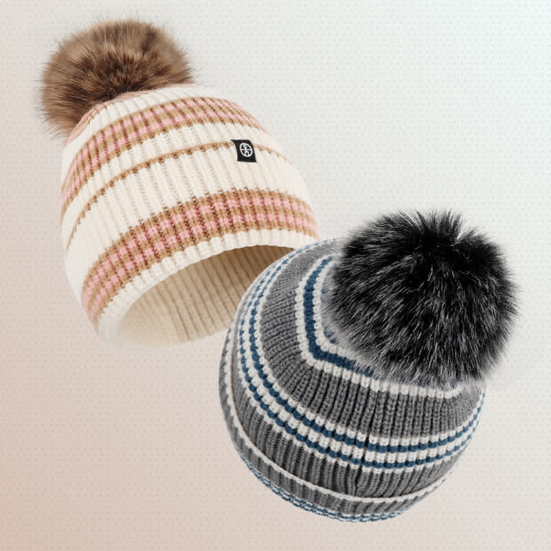 3Pcs Unisex Striped Pattern Fur Ball Knitted Hat Scarf Gloves Set - image 16