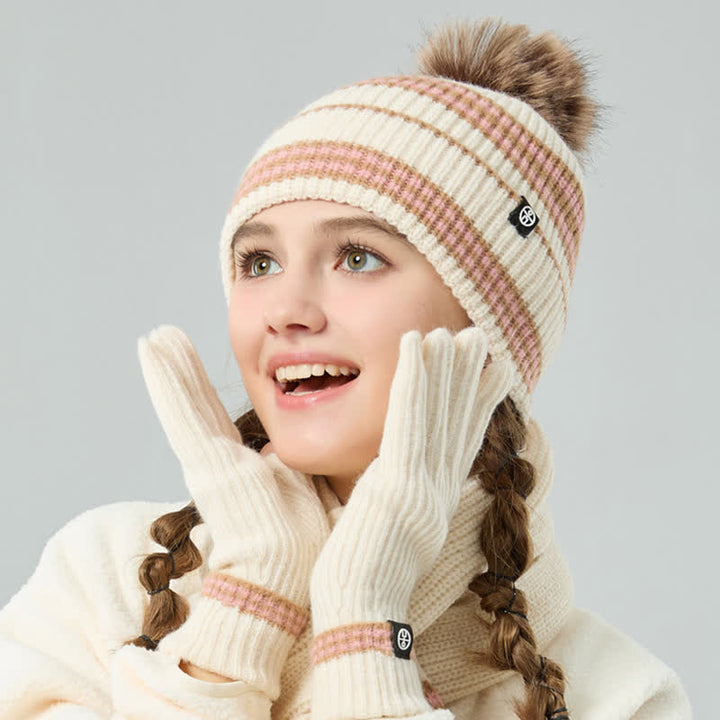 3Pcs Unisex Striped Pattern Fur Ball Knitted Hat Scarf Gloves Set - image 11