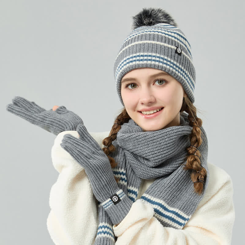 3Pcs Unisex Striped Pattern Fur Ball Knitted Hat Scarf Gloves Set - image 4