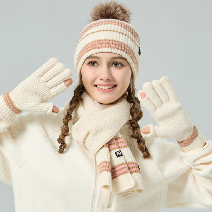 3Pcs Unisex Striped Pattern Fur Ball Knitted Hat Scarf Gloves Set - image 12