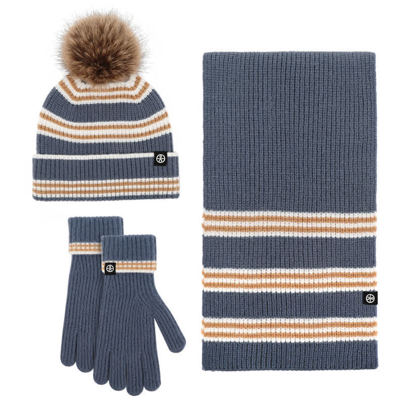 3Pcs Unisex Striped Pattern Fur Ball Knitted Hat Scarf Gloves Set - SteelBlue - Adjustable (21 1/4"-22 7/8") - image 0