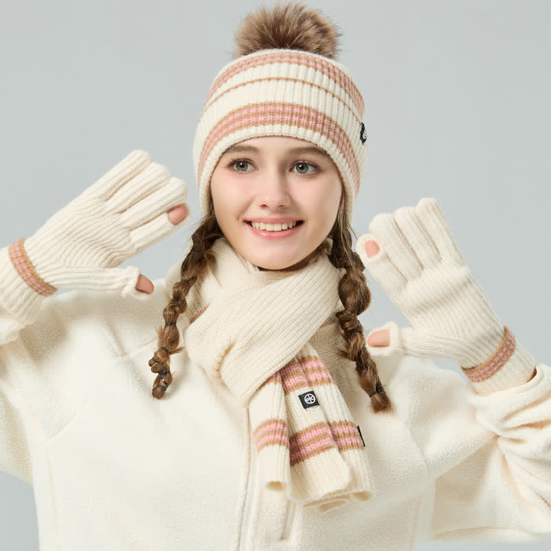 3Pcs Unisex Striped Pattern Fur Ball Knitted Hat Scarf Gloves Set - image 12