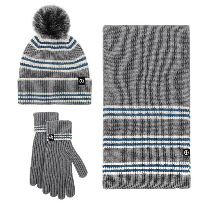3Pcs Unisex Striped Pattern Fur Ball Knitted Hat Scarf Gloves Set - Gray - Adjustable (21 1/4"-22 7/8") - image 3