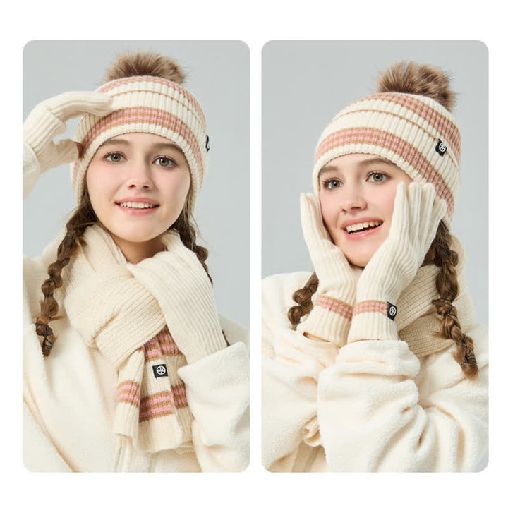 3Pcs Unisex Striped Pattern Fur Ball Knitted Hat Scarf Gloves Set - image 13