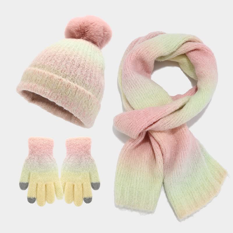 3Pcs Unisex Colorful Tie-Dyed Fur Ball Knitted Hat Scarf Gloves Set - Pink - Adjustable (22"-23 5/8") - image 15