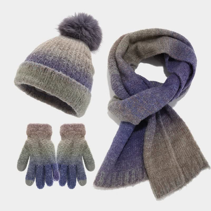 3Pcs Unisex Colorful Tie-Dyed Fur Ball Knitted Hat Scarf Gloves Set - Purple - Adjustable (22"-23 5/8") - image 0