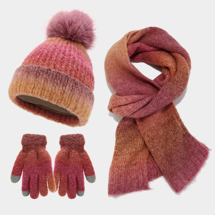 3Pcs Unisex Colorful Tie-Dyed Fur Ball Knitted Hat Scarf Gloves Set - Red - Adjustable (22"-23 5/8") - image 4