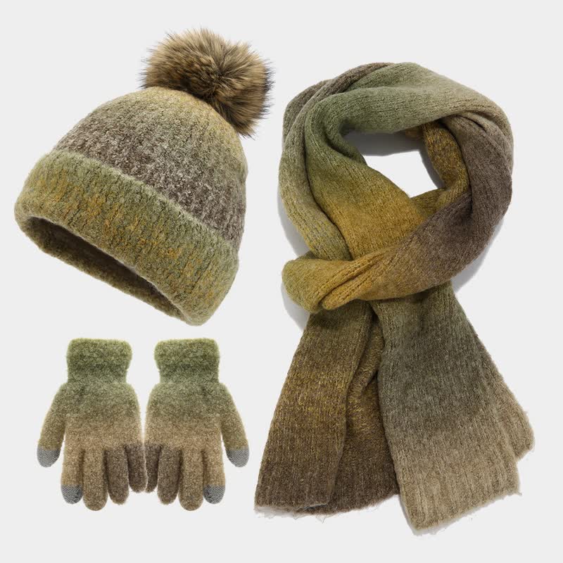 3Pcs Unisex Colorful Tie-Dyed Fur Ball Knitted Hat Scarf Gloves Set - Green - Adjustable (22"-23 5/8") - image 19