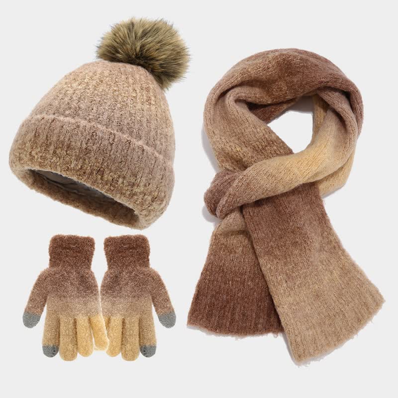 3Pcs Unisex Colorful Tie-Dyed Fur Ball Knitted Hat Scarf Gloves Set - Khaki - Adjustable (22"-23 5/8") - image 27