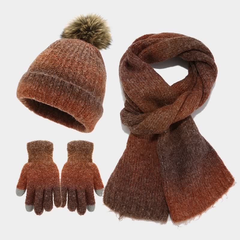 3Pcs Unisex Colorful Tie-Dyed Fur Ball Knitted Hat Scarf Gloves Set - Caramel - Adjustable (22"-23 5/8") - image 23