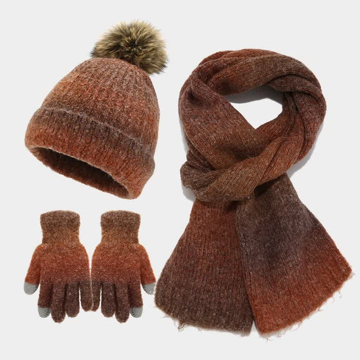 3Pcs Unisex Colorful Tie-Dyed Fur Ball Knitted Hat Scarf Gloves Set - Caramel - Adjustable (22"-23 5/8") - image 23
