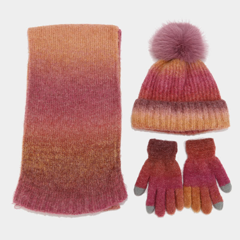 3Pcs Unisex Colorful Tie-Dyed Fur Ball Knitted Hat Scarf Gloves Set - image 5