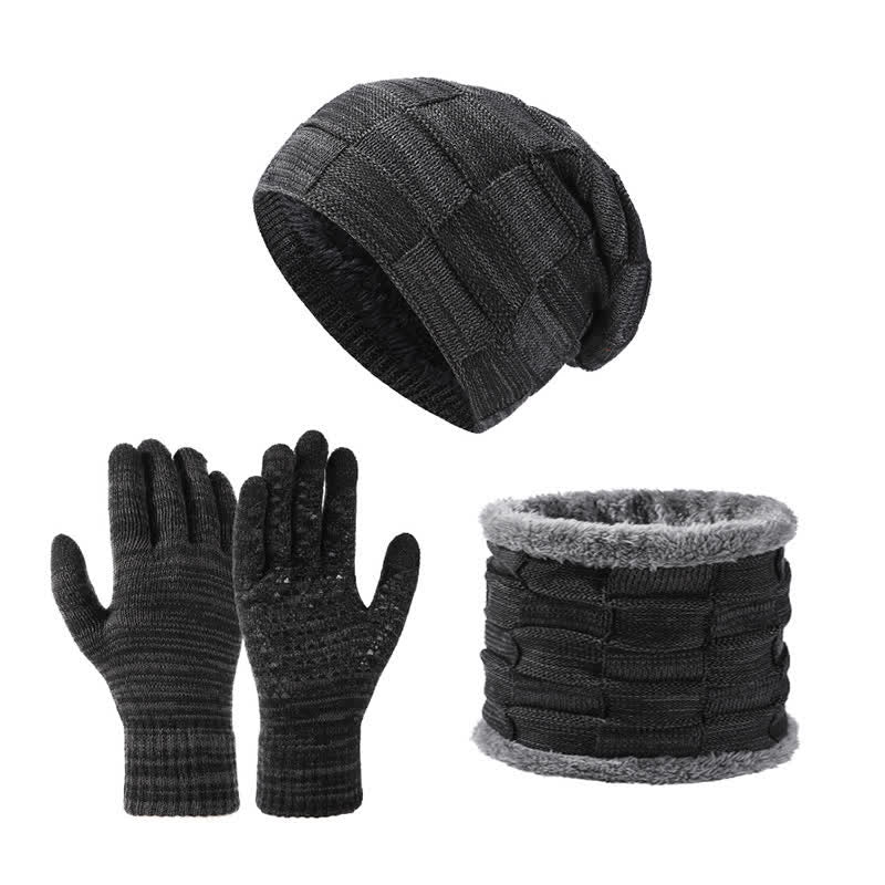 3Pcs Unisex Two-Tone Square Knitted Hat Neck Gaiter Gloves Set - Black - Adjustable (21 5/8"-23 5/8") - image 1