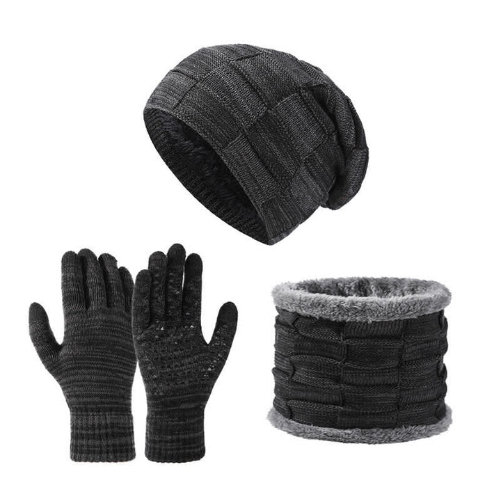 3Pcs Unisex Two-Tone Square Knitted Hat Neck Gaiter Gloves Set - Black - Adjustable (21 5/8"-23 5/8") - image 1