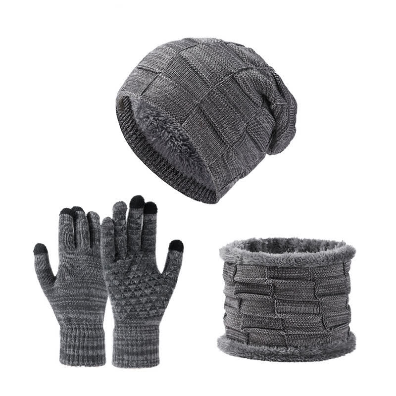 3Pcs Unisex Two-Tone Square Knitted Hat Neck Gaiter Gloves Set - Gray - Adjustable (21 5/8"-23 5/8") - image 3