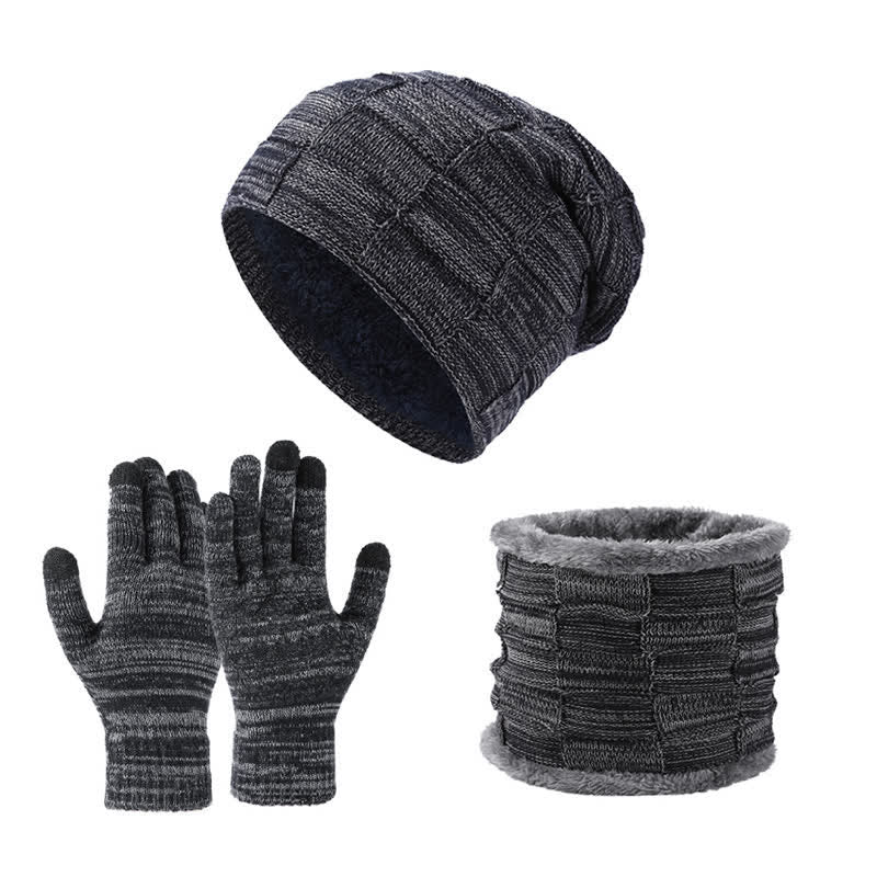 3Pcs Unisex Two-Tone Square Knitted Hat Neck Gaiter Gloves Set - Midnight Blue - Adjustable (21 5/8"-23 5/8") - image 2