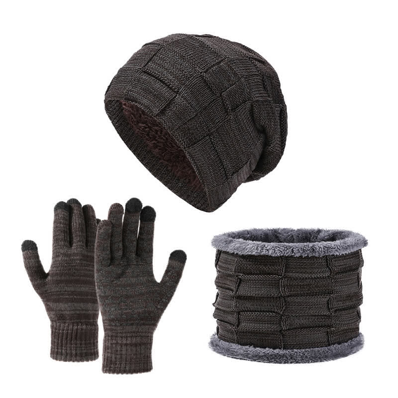 3Pcs Unisex Two-Tone Square Knitted Hat Neck Gaiter Gloves Set - Coffee - Adjustable (21 5/8"-23 5/8") - image 5