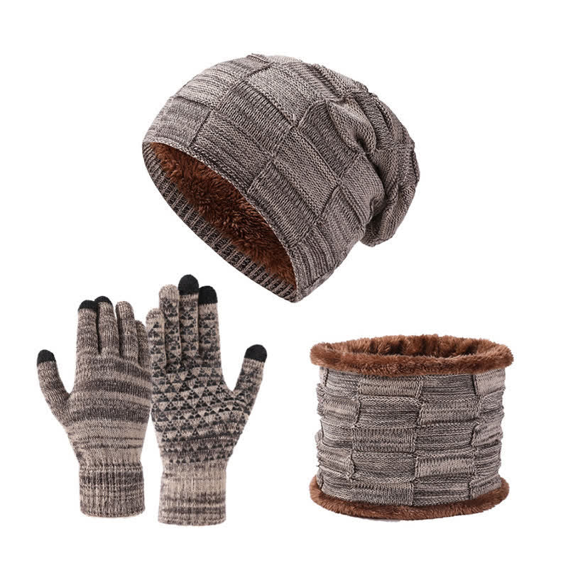 3Pcs Unisex Two-Tone Square Knitted Hat Neck Gaiter Gloves Set - Dark Khaki - Adjustable (21 5/8"-23 5/8") - image 0