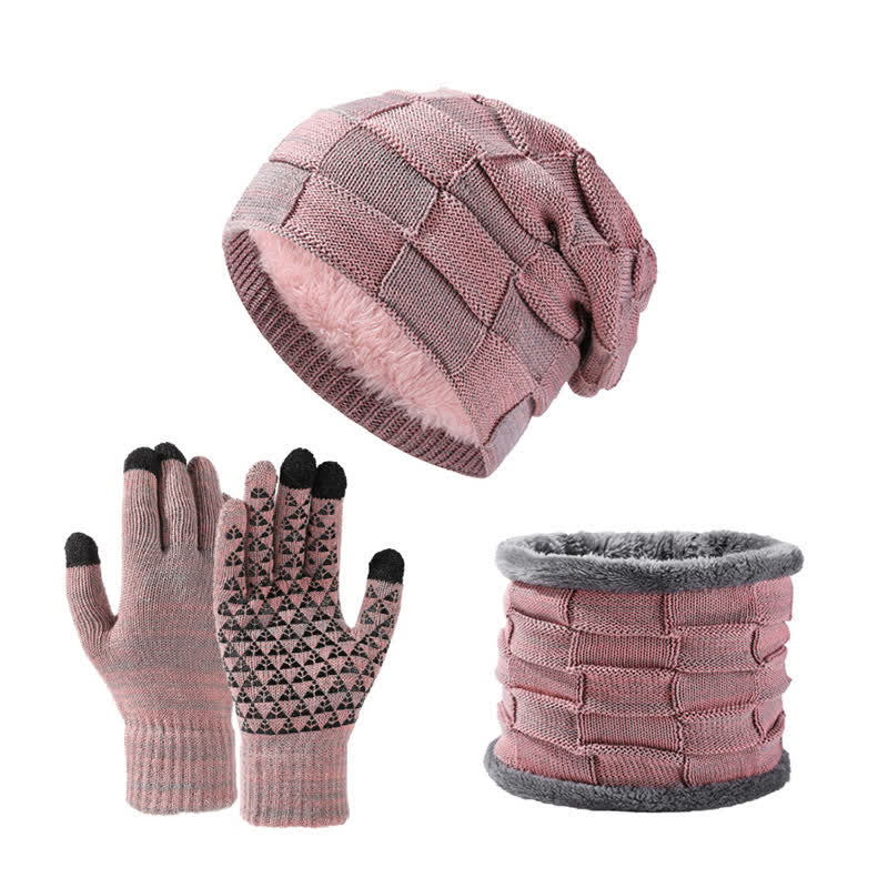 3Pcs Unisex Two-Tone Square Knitted Hat Neck Gaiter Gloves Set - Pink - Adjustable (21 5/8"-23 5/8") - image 6