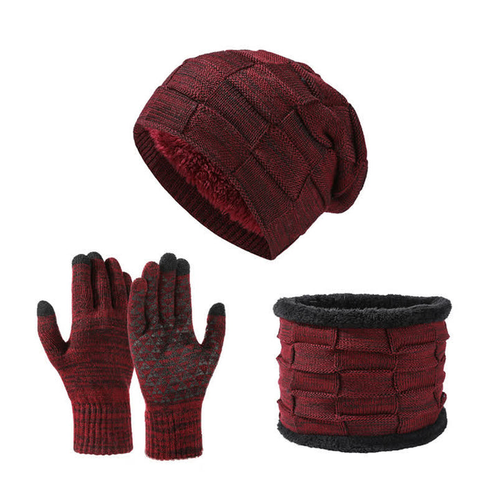 3Pcs Unisex Two-Tone Square Knitted Hat Neck Gaiter Gloves Set - Burgundy - Adjustable (21 5/8"-23 5/8") - image 4