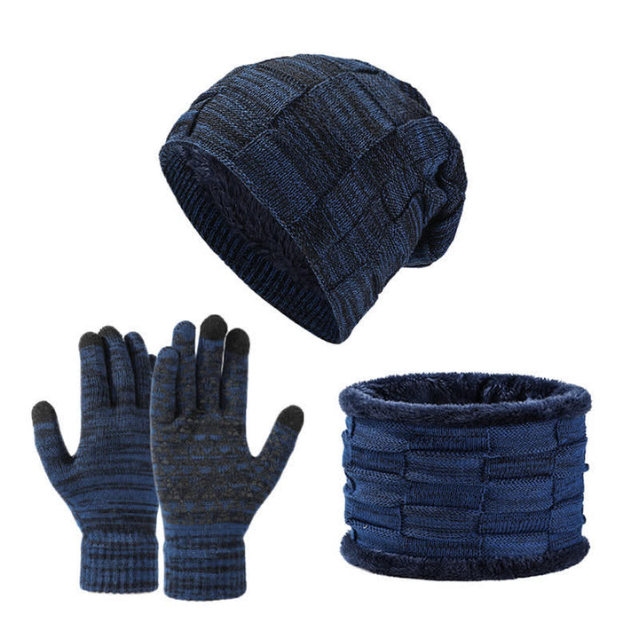 3Pcs Unisex Two-Tone Square Knitted Hat Neck Gaiter Gloves Set - Navy - Adjustable (21 5/8"-23 5/8") - image 7