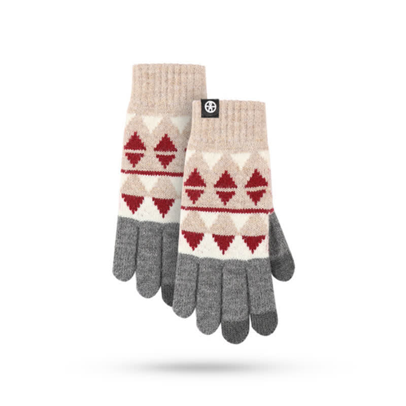 3Pcs Unisex Triangle Pattern Fur Pom Knitted Hat Scarf Gloves Set - image 7
