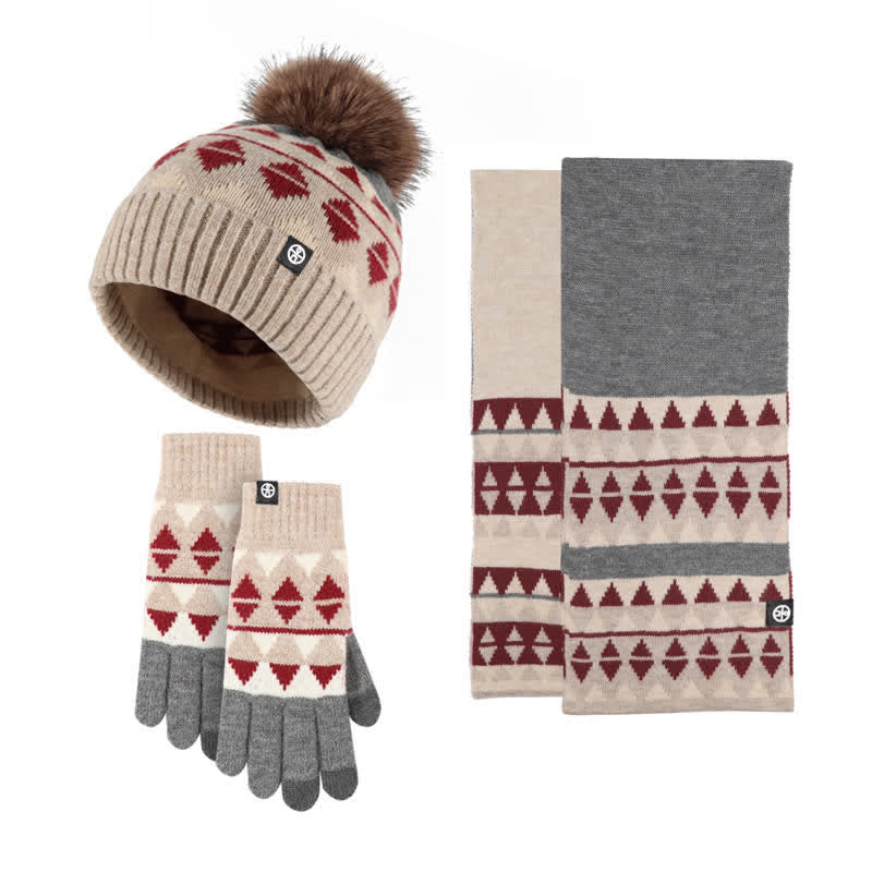 3Pcs Unisex Triangle Pattern Fur Pom Knitted Hat Scarf Gloves Set - image 0