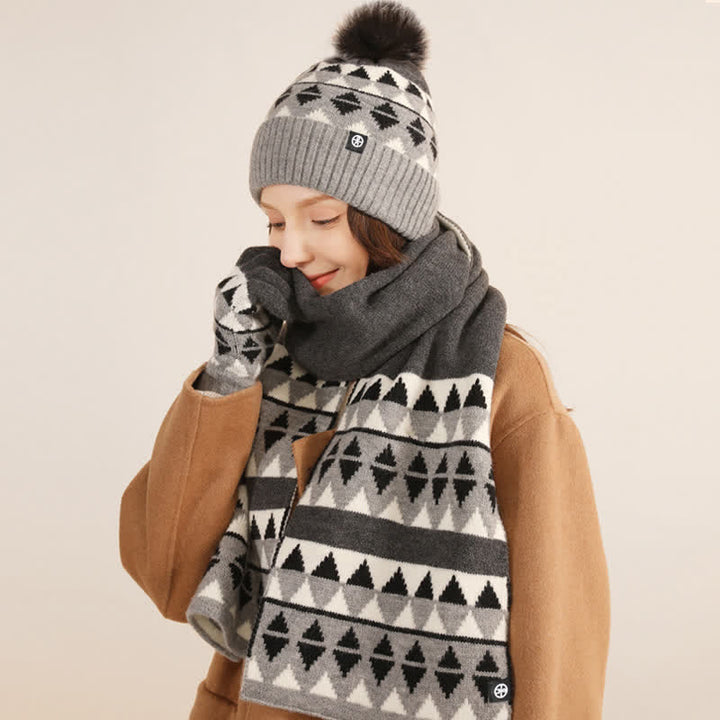 3Pcs Unisex Triangle Pattern Fur Pom Knitted Hat Scarf Gloves Set - image 16