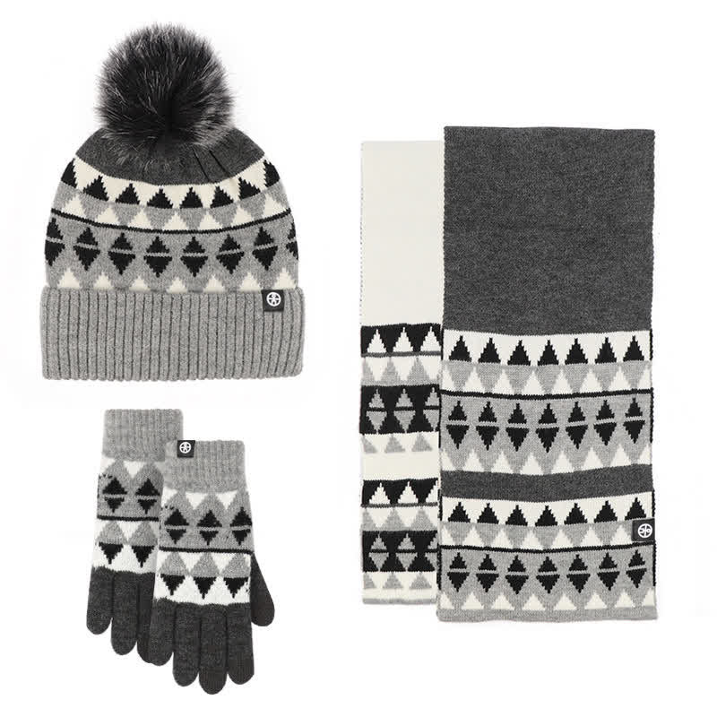 3Pcs Unisex Triangle Pattern Fur Pom Knitted Hat Scarf Gloves Set - Black - Adjustable (21 1/4"-22 7/8") - image 15