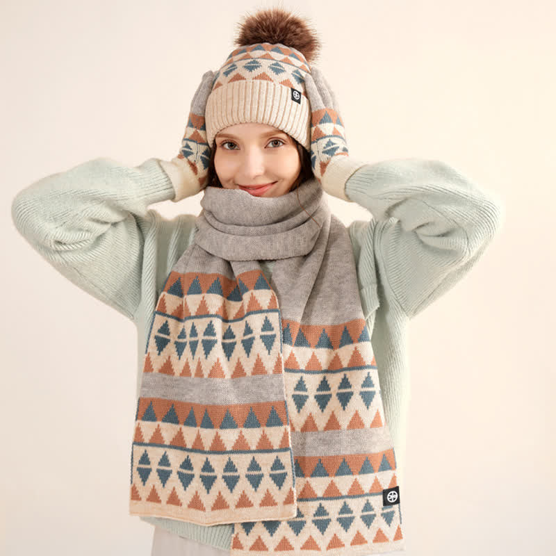3Pcs Unisex Triangle Pattern Fur Pom Knitted Hat Scarf Gloves Set - image 10