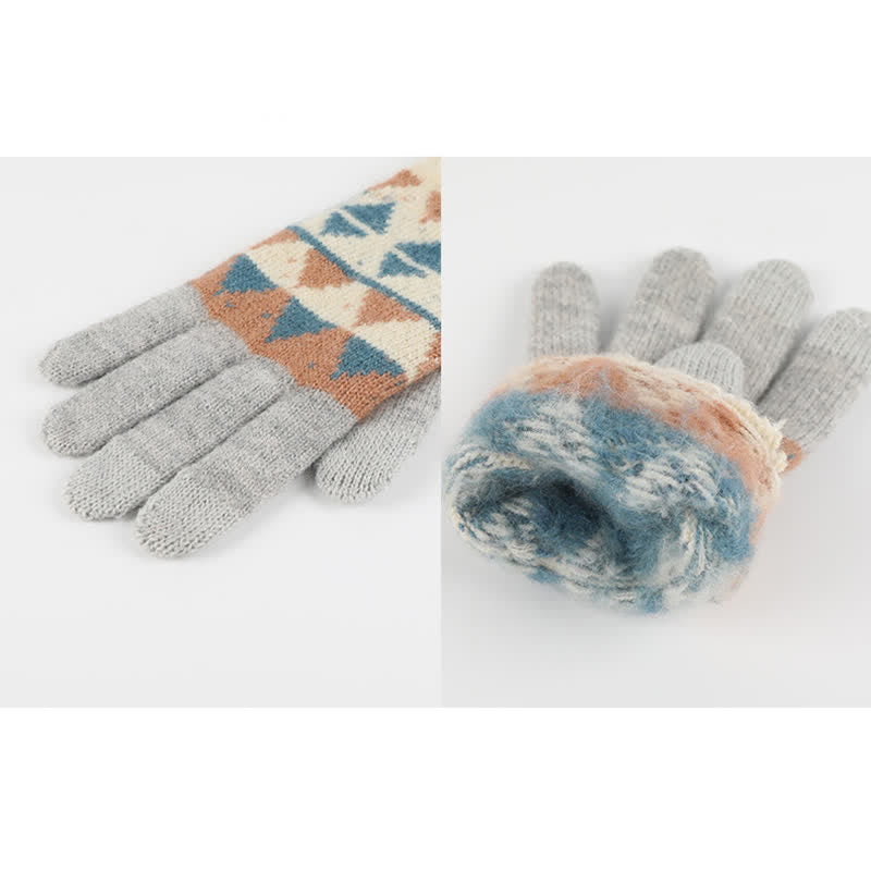 3Pcs Unisex Triangle Pattern Fur Pom Knitted Hat Scarf Gloves Set - image 14