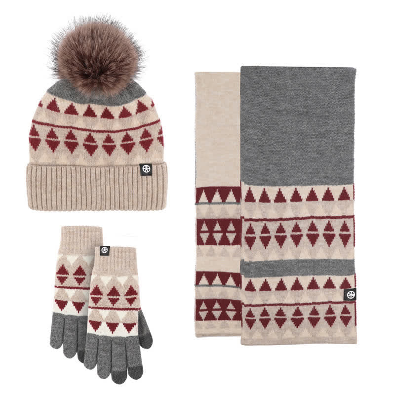 3Pcs Unisex Triangle Pattern Fur Pom Knitted Hat Scarf Gloves Set - Red - Adjustable (21 1/4"-22 7/8") - image 2