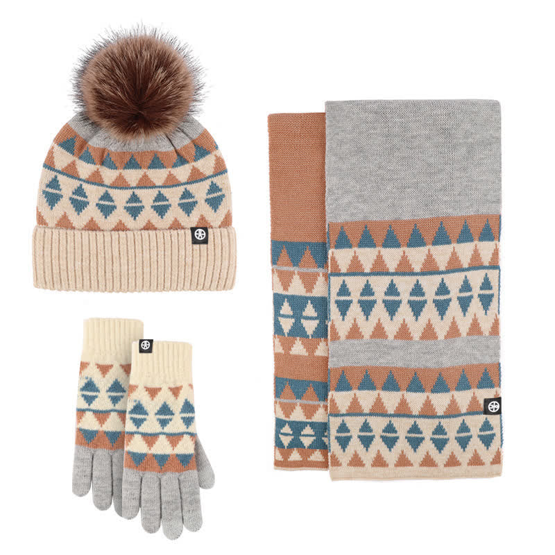 3Pcs Unisex Triangle Pattern Fur Pom Knitted Hat Scarf Gloves Set - Blue - Adjustable (21 1/4"-22 7/8") - image 8