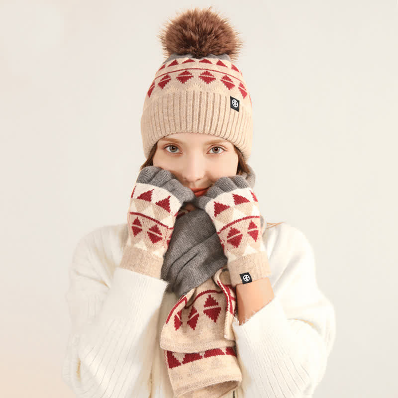 3Pcs Unisex Triangle Pattern Fur Pom Knitted Hat Scarf Gloves Set - image 1