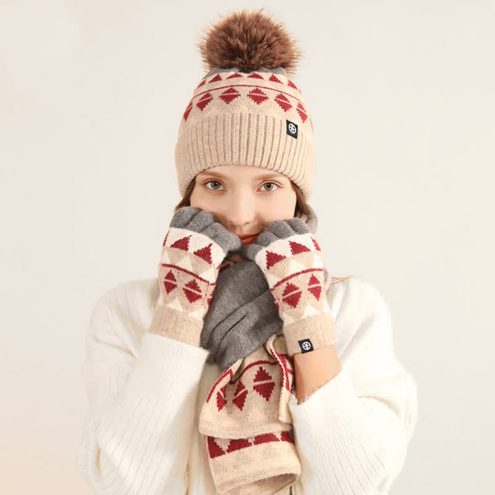 3Pcs Unisex Triangle Pattern Fur Pom Knitted Hat Scarf Gloves Set - image 1