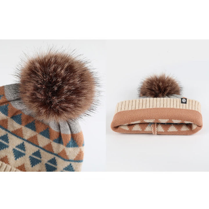 3Pcs Unisex Triangle Pattern Fur Pom Knitted Hat Scarf Gloves Set - image 12