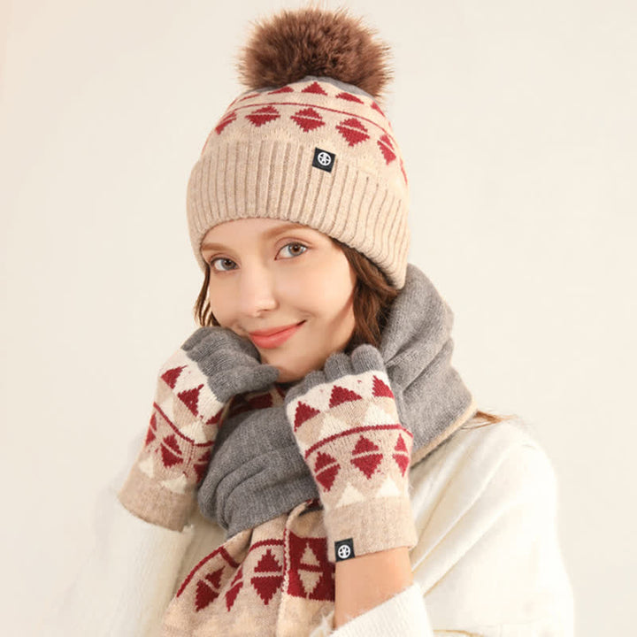 3Pcs Unisex Triangle Pattern Fur Pom Knitted Hat Scarf Gloves Set - image 3