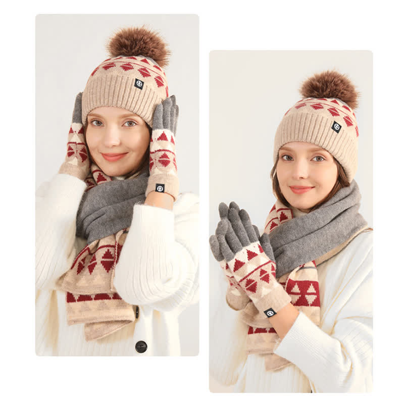 3Pcs Unisex Triangle Pattern Fur Pom Knitted Hat Scarf Gloves Set - image 4