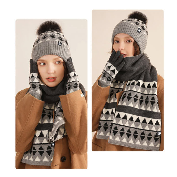 3Pcs Unisex Triangle Pattern Fur Pom Knitted Hat Scarf Gloves Set - image 17