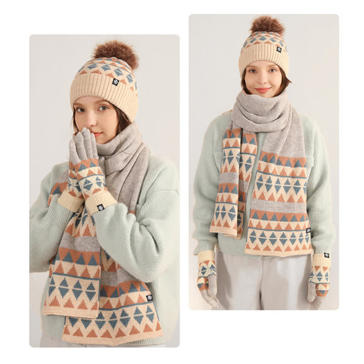 3Pcs Unisex Triangle Pattern Fur Pom Knitted Hat Scarf Gloves Set - image 11