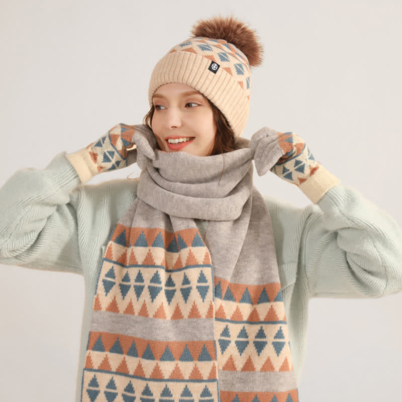 3Pcs Unisex Triangle Pattern Fur Pom Knitted Hat Scarf Gloves Set - image 9
